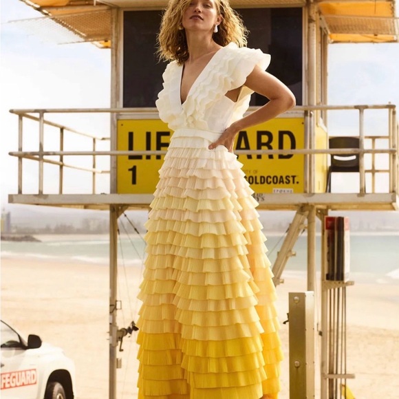 Aje Dresses & Skirts - Aje Reflections Ombré Gown -Pleated Ruffle Tiered  Dress in Cream and Yellow MOB